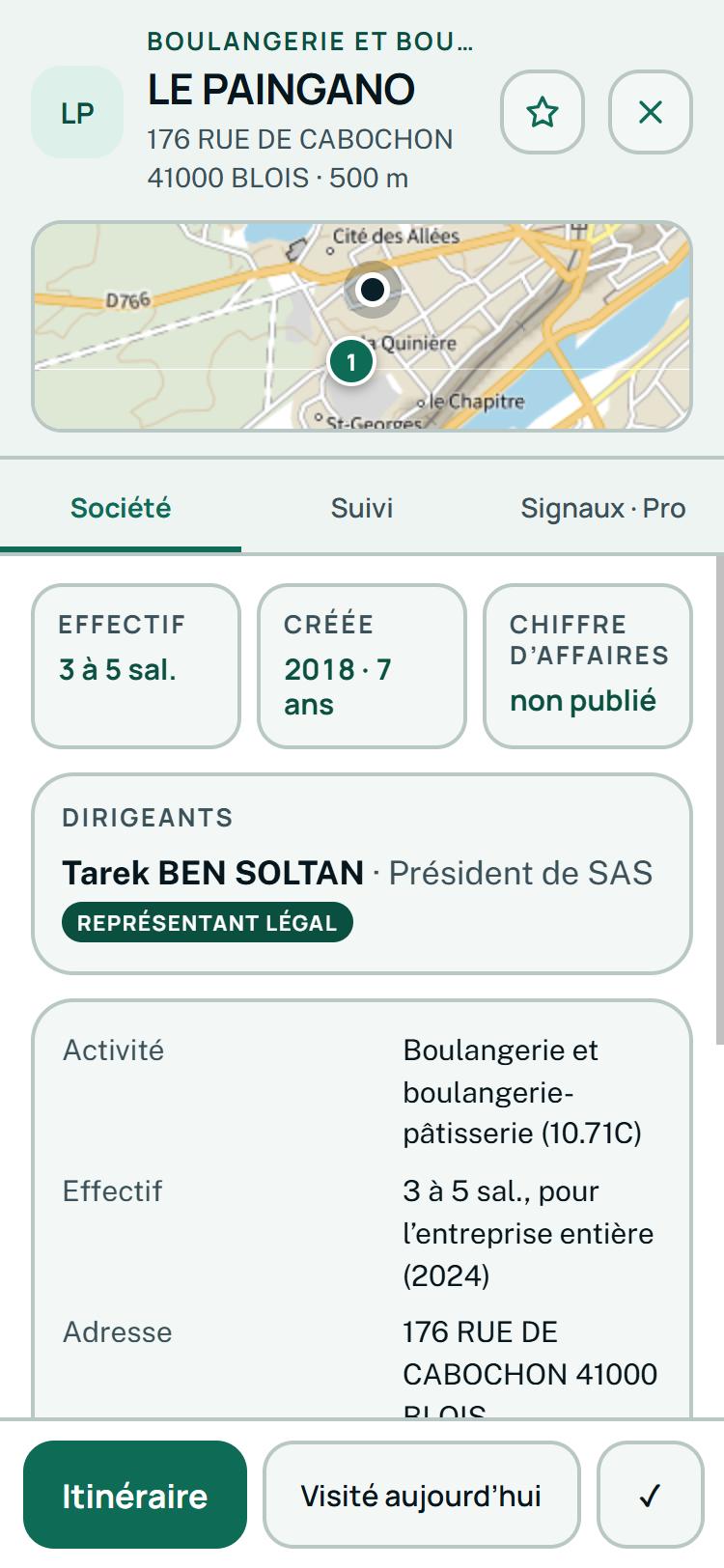 La fiche d’une société : effectif, distance, score de priorité