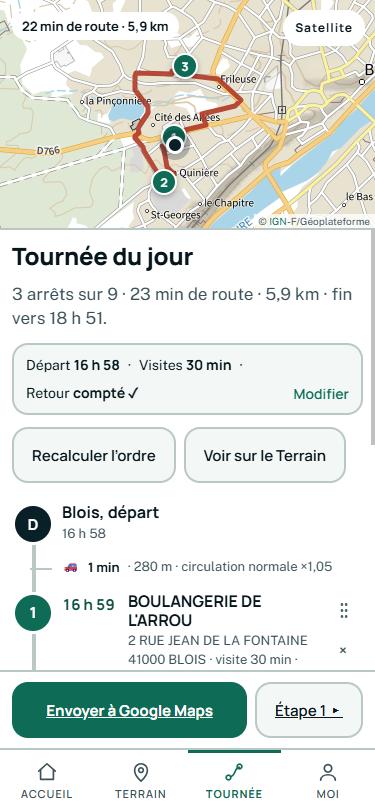 La tournée du jour, ordonnée sur les temps de route
